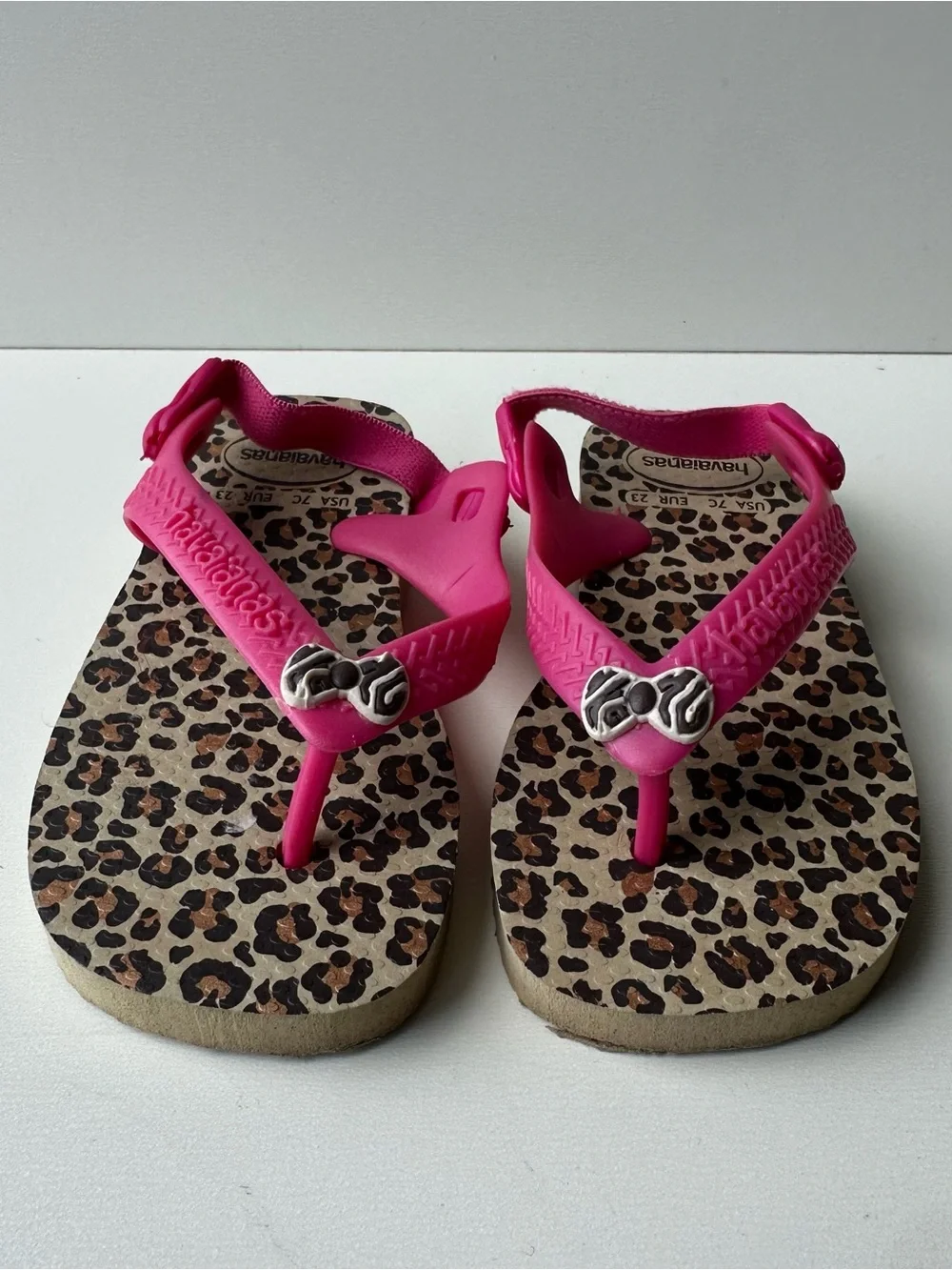 Havaianas Baby Girl Leopard Print Flip Flop Sandals Pink Bow Backstrap USA 7C